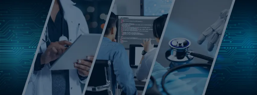 Picture collage of images from the healthcare space including a nurse and a team of coders. 