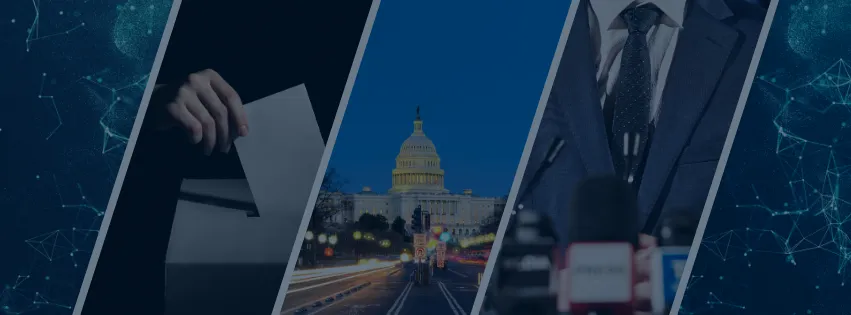 Images of political campaigns including ballot box, Washington DC, and a speech