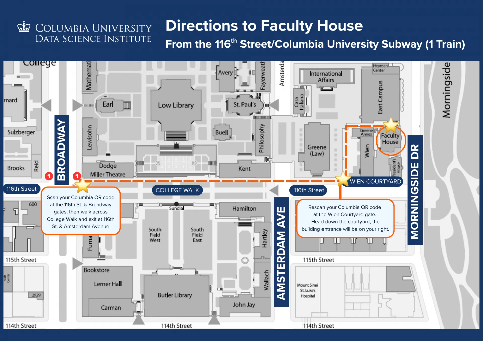 Directions to Faculty House from the main Columbia Gates at 116th and Broadway