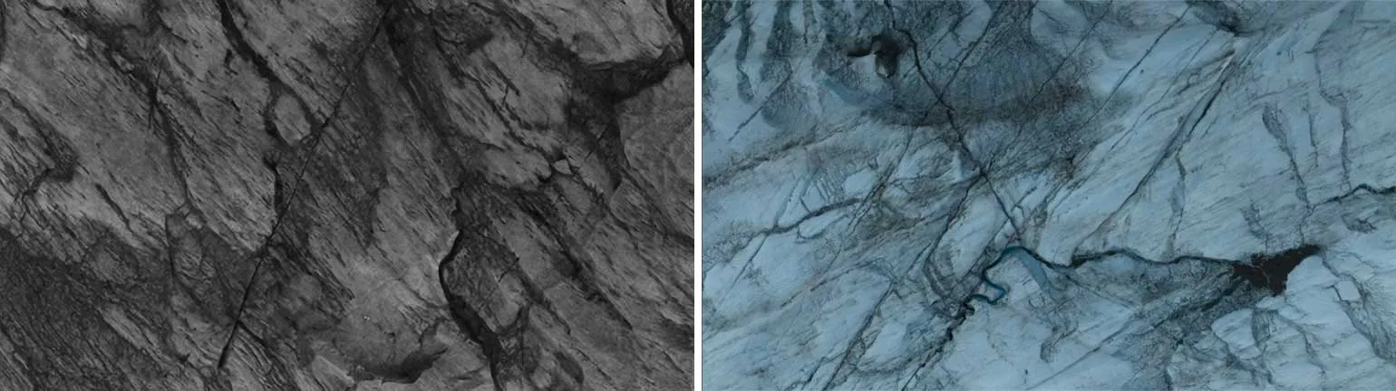 side by side photos of infrared boxed study area and RGB unique ice features