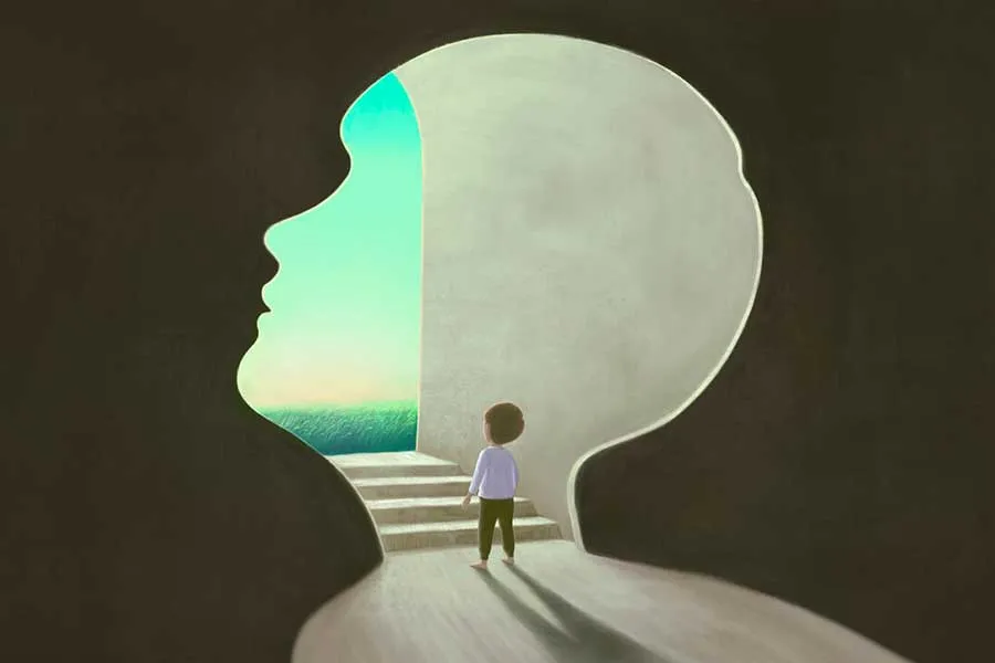 illustration of a child standing in a window shaped like a head