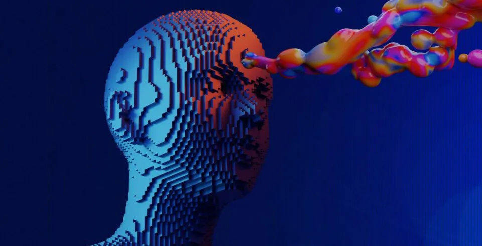 lego-like head with color streams