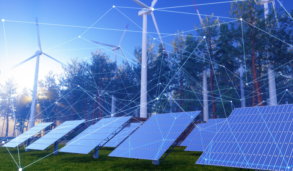 Solar Panels And Wind Turbines With Plexus And Connection Dots