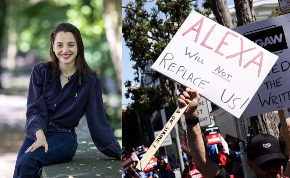 Shir Raviv (left) and image of protests (right) for AI