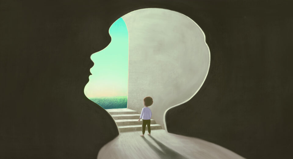 A boy looking at the sky, Concept idea of imagination hope and dream of child , conceptual 3d illustration. kid life. childhood.